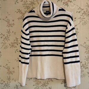 GAP Women's Cowl Neck Cotton Sweater - Cream and Black Stripes